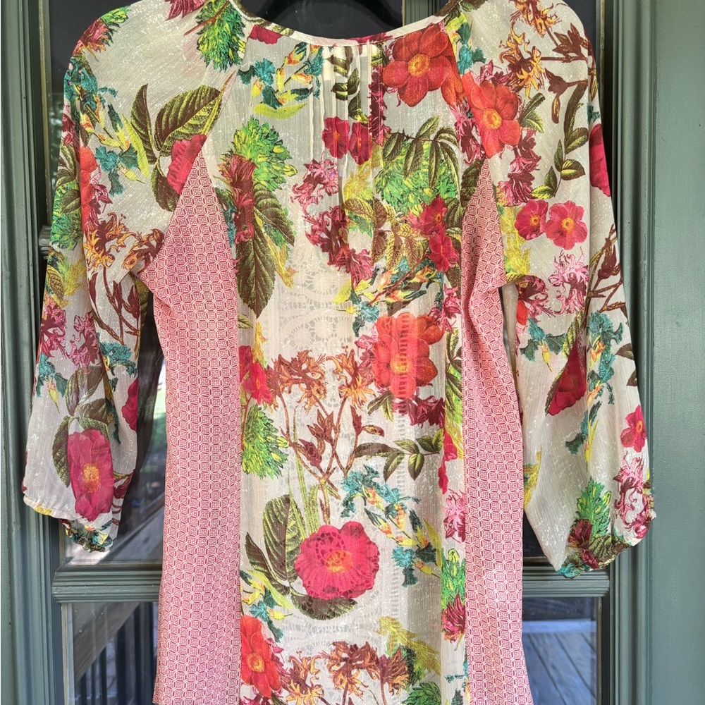Anthropologie Meadow Rue Pink Floral Crochet-Front Peasant Top - Picture 6 of 7